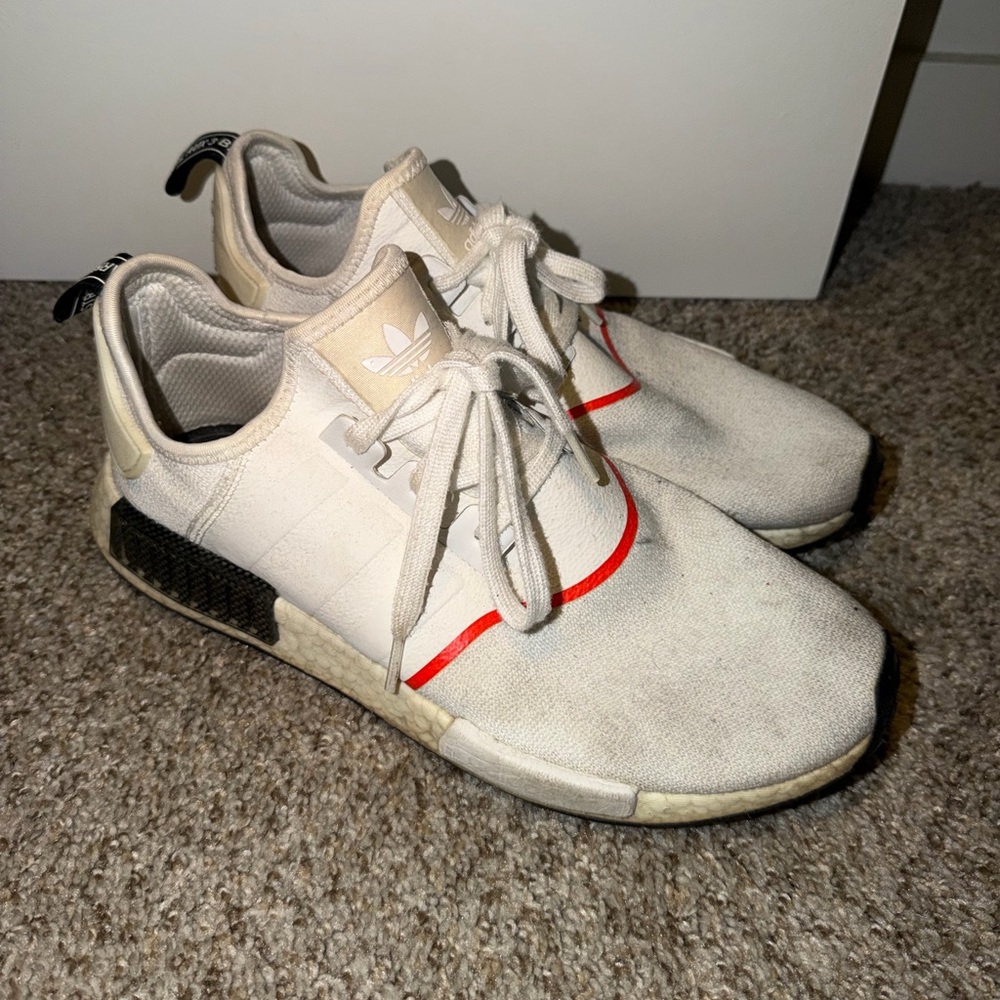 Adidas Men's Cream and Black Sneakers with Red Accents